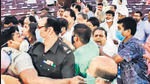TMC and BJP MLAs during the scuffle in West Bengal legislative assembly, in Kolkata on Monday. (PTI) TMC and BJP MLAs during the scuffle in West Bengal legislative assembly, in Kolkata on Monday. (PTI)