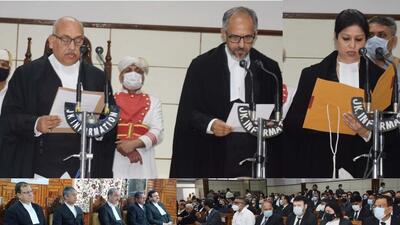 Chief Justice of Jammu & Kashmir and Ladakh HC Justice Pankaj Mithal administered oath of office to two newly appointed judges, justice Rahul Bharti and justice Moksha Khajuria Kazmi, as additional judges. (HT Photo)