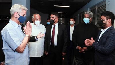 External Affairs Minister S Jaishankar greets Sri Lankan officials on his arrival for a bilateral visit and the BIMSTEC summit in Colombo on Sunday. (ANI PHOTO.) External Affairs Minister S Jaishankar greets Sri Lankan officials on his arrival for a bilateral visit and the BIMSTEC summit in Colombo on Sunday. (ANI PHOTO.)