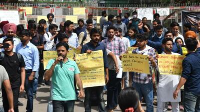 Members of various student bodies, including SFS, Ambedkar Students Association and PSU-Lalkaar, protesting outside the vice-chancellor’s office at Panjab University on Monday. (Ravi Kumar/HT) Members of various student bodies, including SFS, Ambedkar Students Association and PSU-Lalkaar, protesting outside the vice-chancellor’s office at Panjab University on Monday. (Ravi Kumar/HT)