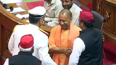Uttar Pradesh chief minister Yogi Adityanath exchanges greetings with Samajwadi Party chief Akhilesh Yadav in Lucknow on Monday (ANI) Uttar Pradesh chief minister Yogi Adityanath exchanges greetings with Samajwadi Party chief Akhilesh Yadav in Lucknow on Monday (ANI)