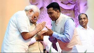 Prime Minister Narendra Modi attends the oath-taking ceremony of Pramod Sawant in Panaji, Goa on Monday. (ANI/PIB PHOTO.)