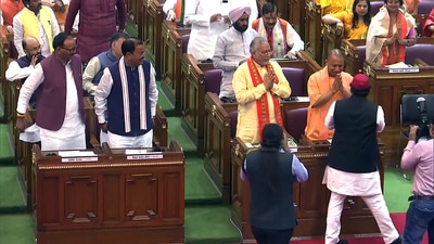 Chief minister Yogi Adityanath greeting Samajwadi Party chief and leader of opposition Akhilesh Yadav during the oath-taking ceremony of newly-elected legislators, at the Legislative Assembly, in Lucknow on Monday. Uttar Pradesh Deputy Chief Ministers Keshav Prasad Maurya and Brajesh Pathak are also present. (Agency) Chief minister Yogi Adityanath greeting Samajwadi Party chief and leader of opposition Akhilesh Yadav during the oath-taking ceremony of newly-elected legislators, at the Legislative Assembly, in Lucknow on Monday. Uttar Pradesh Deputy Chief Ministers Keshav Prasad Maurya and Brajesh Pathak are also present. (Agency)