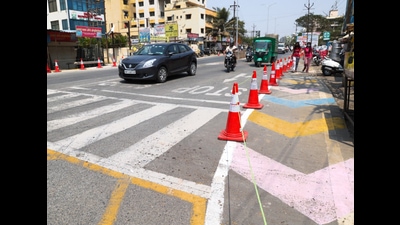 Traffic cones, zebra crossing at Undri chowk after TU trials. (HT PHOTO)
