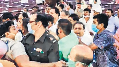 TMC and BJP MLAs during the scuffle in West Bengal legislative assembly, in Kolkata on Monday. (PTI) TMC and BJP MLAs during the scuffle in West Bengal legislative assembly, in Kolkata on Monday. (PTI)