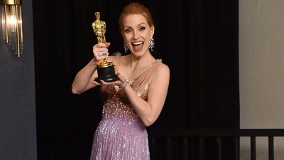 Jessica Chastain, winner of the award for best performance by an actress in a leading role for The Eyes of Tammy Faye, poses in the press room at the Oscars at the Dolby Theatre in Los Angeles. (AP) Jessica Chastain, winner of the award for best performance by an actress in a leading role for The Eyes of Tammy Faye, poses in the press room at the Oscars at the Dolby Theatre in Los Angeles. (AP)