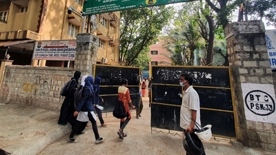Several students were seen being asked to remove hijab before entering examination halls. (HT Photo)