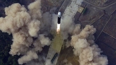 An overview of what state media reports is the launch of the "Hwasong-17" intercontinental ballistic missile (ICBM) in this undated photo released on Friday by North Korea's Korean Central News Agency (KCNA). KCNA via REUTERS