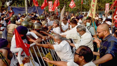 Bharat Bandh: Members of all Trade Union (Congress and Left Front) in support of a nationwide strike, in Kolkata. (PTI) Bharat Bandh: Members of all Trade Union (Congress and Left Front) in support of a nationwide strike, in Kolkata. (PTI)