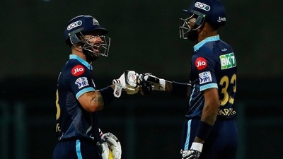 Hardik Pandya Captain and Matthew Wade of Gujarat Titans during the 4th T20 cricket match of the Indian Premier League 2022 (PTI) Hardik Pandya Captain and Matthew Wade of Gujarat Titans during the 4th T20 cricket match of the Indian Premier League 2022 (PTI)