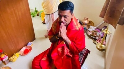 Goa oath ceremony: Pramod Sawant tweeted a picture of himself offering prayers ahead of the swearing-in ceremony. (Twitter) Goa oath ceremony: Pramod Sawant tweeted a picture of himself offering prayers ahead of the swearing-in ceremony. (Twitter)
