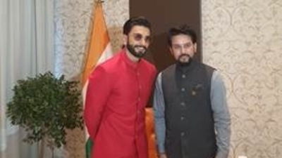 Bollywood actor Ranveer Singh with union minister Anurag Thakur at the India Pavilion of Dubai Expo 2020 (PIB)