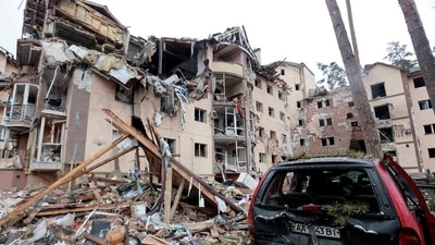 A view shows a residential building destroyed by recent shelling, as Russia's invasion of Ukraine continues, in the city of Irpin in the Kyiv region, (Reuters)