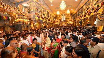 The sanctum sanctorum of the lion god located in a cave atop Yadadgirigutta in Yadadri Bhongir district was reopened after a gap of six years (HT Photo)