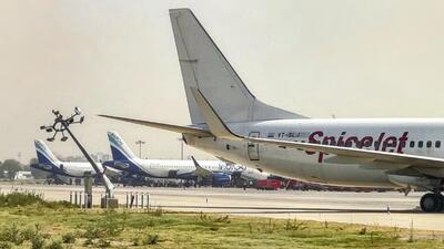 A SpiceJet aircraft after it hit a pole on the tarmac at IGI Airport, New Delhi on Monday. (PTI) A SpiceJet aircraft after it hit a pole on the tarmac at IGI Airport, New Delhi on Monday. (PTI)