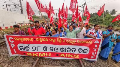 Left Front workers blocked railway tracks during the nationwide strike in Bhubaneswar. (PTI)