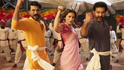Ram Charan, Alia Bhatt and Jr NTR in a still from RRR. Ram Charan, Alia Bhatt and Jr NTR in a still from RRR. 
