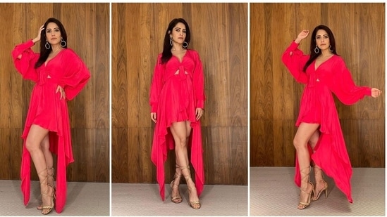 Amp up your next party look with this stylish cut-out asymmetrical pink knotty dress worn by Nushrratt Bharuccha for a promotional event of her latest music video Kya Yehi Pyaar Hai featuring Sunny Kaushal.(Instagram/@nushrrattbharuccha)
