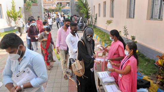 Noor Fathima, an invigilator at Bengaluru’s Siddaganga School, was suspended after she was allegedly trying to contradict instructions being given by exam authorities on the restrictions around the hijab. (PTI)