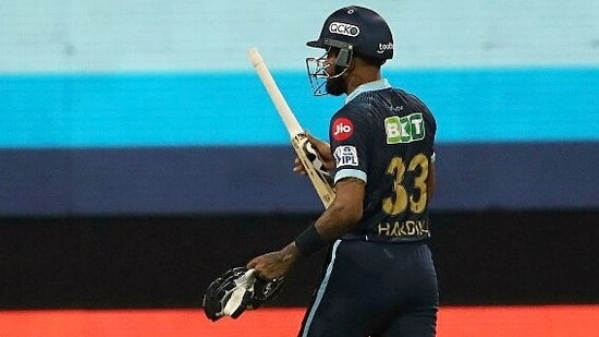 Gujarat Titan Hardik Pandya walks back to the pavilion after getting dismissed by Lucknow Super Giants Krunal Pandya.(ANI)