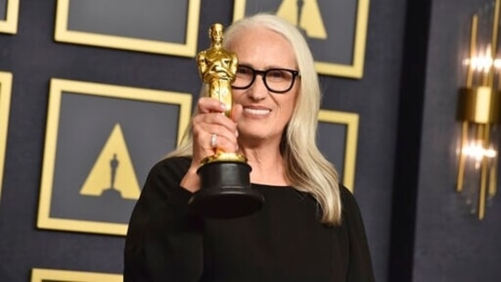 Jane Campion, winner of the award for best director for The Power of the Dog, poses in the press room at the Oscars. (AP)
