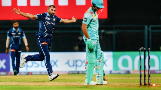 Mohammed Shami of Gujarat Titans during the 4th T20 cricket match of the Indian Premier League 2022(PTI)