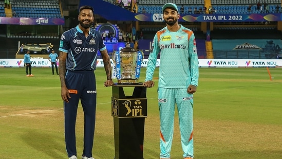 Hardik Pandya Captain of Gujarat Titans and KL Rahul of Lucknow Super Giants at the toss during the 4th T20 cricket match of the Indian Premier League 2022(PTI)