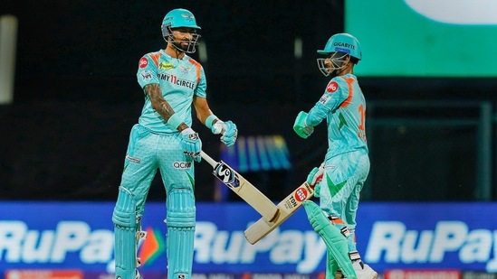Krunal Pandya and Ashok Badoni of Lucknow Super Giants during the 4th T20 cricket match of the Indian Premier League 2022(PTI)