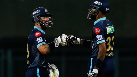 Hardik Pandya Captain and Matthew Wade of Gujarat Titans during the 4th T20 cricket match of the Indian Premier League 2022(PTI)