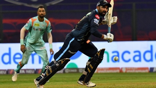 Rahul Tewatia of Gujarat Titans in action during the 4th T20 cricket match of the Indian Premier League 2022&nbsp;(PTI)