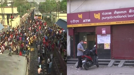 Left: protesters blocked railway tracks at Jadavpur Railway Station in Kolkata. Right: Banks have shut their branches for the next two days in Delhi.(ANI Twitter) Left: protesters blocked railway tracks at Jadavpur Railway Station in Kolkata. Right: Banks have shut their branches for the next two days in Delhi.(ANI Twitter)