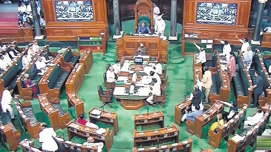 A view of the Lok Sabha during the second part of Budget session of Parliament, in New Delhi on Monday. (PTI)