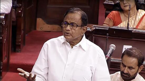 Former finance minister P Chidambaram in Rajya Sabha on Monday. (ANI)