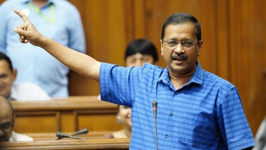 Delhi chief minister Arvind Kejriwal speaking in assembly. (HT Photo)(HT_PRINT)