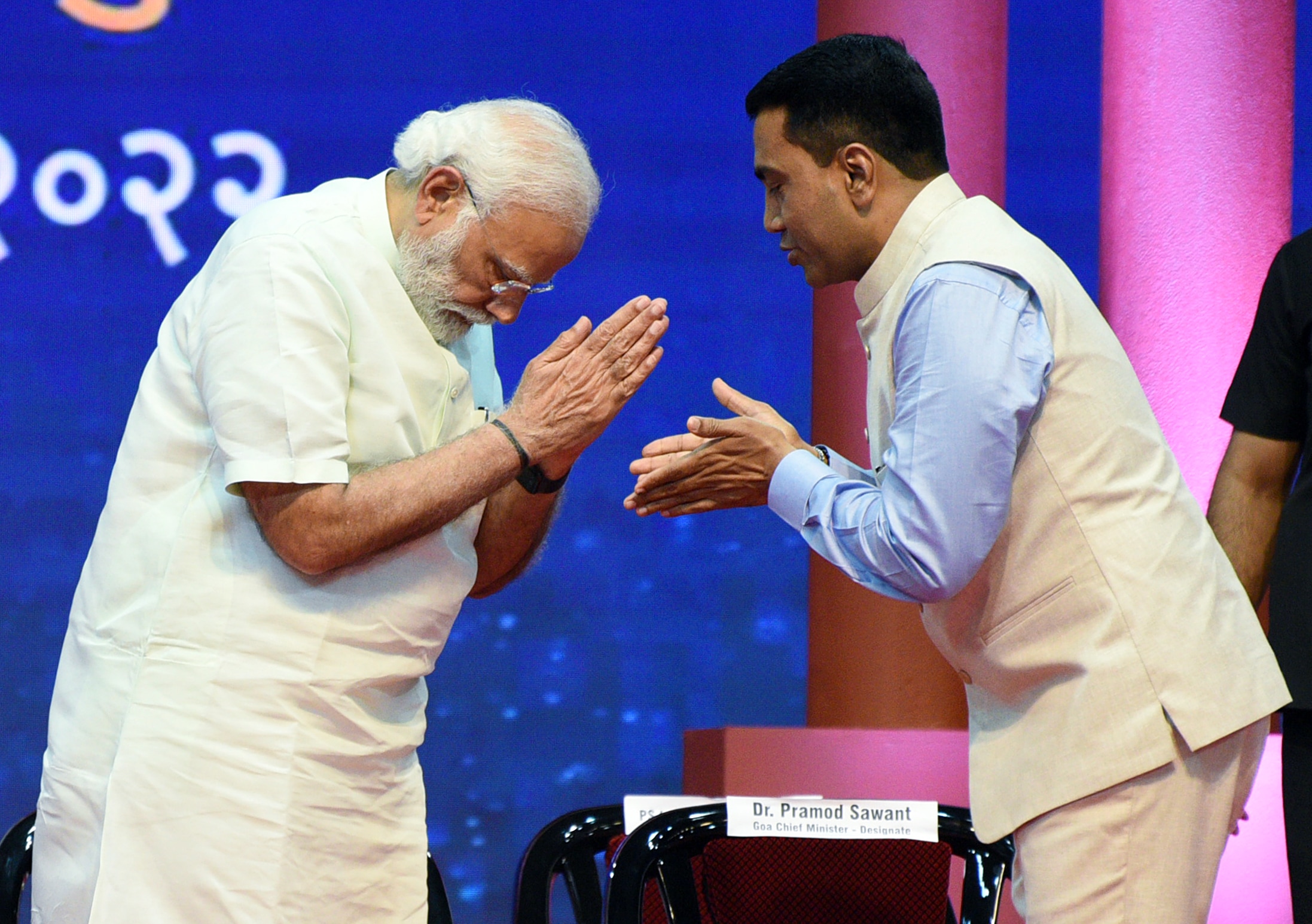 Prime Minister Narendra Modi congratulates the newly sworn-in Goa chief minister Pramod Sawant in Panaji on March 28, 2022. (ANI Photo) Prime Minister Narendra Modi congratulates the newly sworn-in Goa chief minister Pramod Sawant in Panaji on March 28, 2022. (ANI Photo)