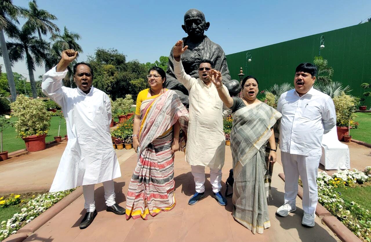 Bharatiya Janata Party (BJP) MPs protest against West Bengal Legislative Assembly incident, at Gandhi statue, in New Delhi on Monday, March 28, 2022. (ANI Photo/ANI Picture Service)