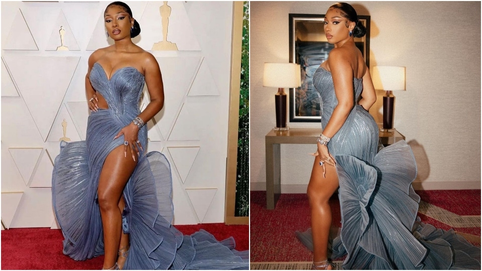 Megan Thee stallion makes her Oscars debut in a Gaurav Gupta gown.&nbsp;