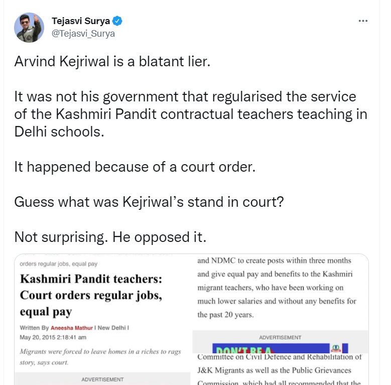 Screengrab of Tejasvi Surya's Twitter account