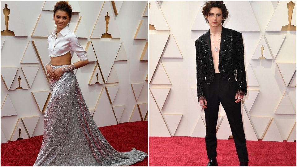 Zendaya and Timothée Chalamet arrive on the Oscars' red carpet.