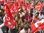 Chennai: Activists of various trade unions stage a protest in support of the two-day Bharat Bandh called over the Centre's policies, in Chennai, Monday.&nbsp;