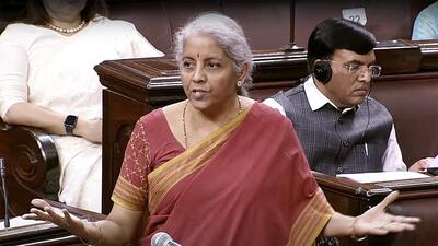 Finance minister Nirmala Sitharaman speaks in Rajya Sabha during the second part of the Budget session of Parliament, in New Delhi on Tuesday. (ANI)
