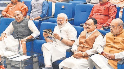 New Delhi, India – March 29, 2022: Prime Minister Narendra Modi, Union Home Minister Amit Shah, Union Defence Minister Rajnath Singh and BJP President JP Nadda during the BJP Parliamentary party leaders meeting, at Dr Ambedkar International Centre, Janpath, in New Delhi on Tuesday, March 29, 2022. (Photo by Arvind Yadav / Hindustan Times) (Hindustan Times)