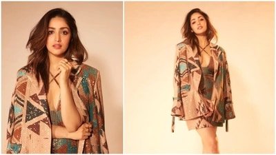 Yami Gautam has kickstarted the promotions of her upcoming social comedy film Dasvi. She is also busking on the success of her last release A Thursday. For a latest promotional event, the actor donned a shimmery printed cut out short dress teamed with a funky matching jacket by designer Nikita Mhaisalkar. (Instagram/@yamigautam) Yami Gautam has kickstarted the promotions of her upcoming social comedy film Dasvi. She is also busking on the success of her last release A Thursday. For a latest promotional event, the actor donned a shimmery printed cut out short dress teamed with a funky matching jacket by designer Nikita Mhaisalkar. (Instagram/@yamigautam)