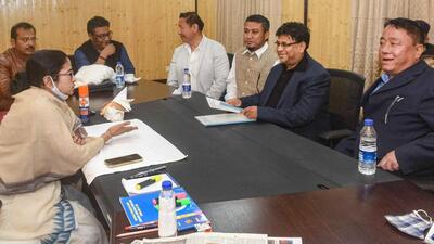 West Bengal chief minister Mamata Banerjee during a meeting with leaders of other political parties in Darjeeling on March 28. (PTI Photo)