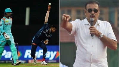 Hardik Pandya bowling during LSG game; Ravi Shastri