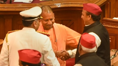 Uttar Pradesh CM Yogi Adityanath and leader of opposition Akhilesh Yadav exchange greetings in Lucknow on Monday, (PTI) Uttar Pradesh CM Yogi Adityanath and leader of opposition Akhilesh Yadav exchange greetings in Lucknow on Monday, (PTI)
