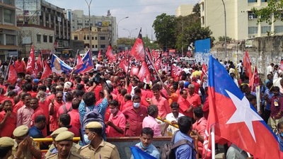 Activists of various trade unions stage a protest in support of the two-day Bharat Bandh called over the Centre's policies that are allegedly affecting farmers, workers and citizens, in Chennai. (PTI) Activists of various trade unions stage a protest in support of the two-day Bharat Bandh called over the Centre's policies that are allegedly affecting farmers, workers and citizens, in Chennai. (PTI)