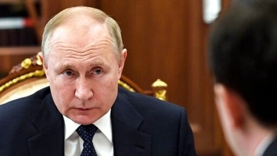 Russian President Vladimir Putin attends a meeting in Moscow, Russia, Tuesday, March 29, 2022. (Mikhail Klimentyev, Sputnik, Kremlin Pool Photo via AP) (AP)
