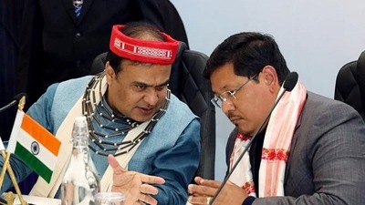 Assam chief minister Himanta Biswa Sarma and Meghalaya chief minister Conrad K Sangma. (ANI)