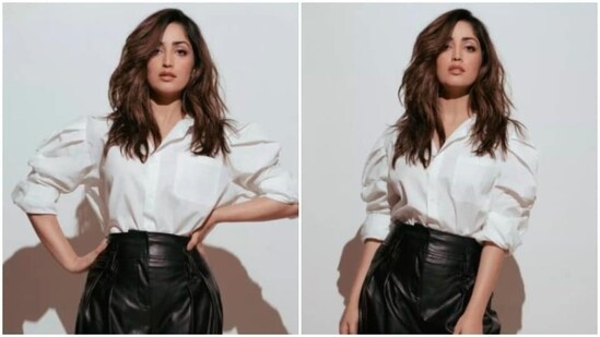 A day before the release of her film A Thursday, Yami Gautam took to her Instagram handle to share this stunning picture of herself in a white shirt and black leather pants.(Instagram/@yamigautam)